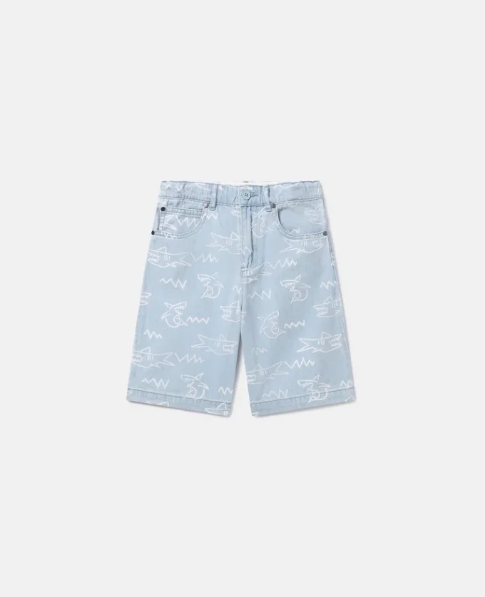 Shorts in denim con stampa squalo Shorts in denim con stampa squalo
