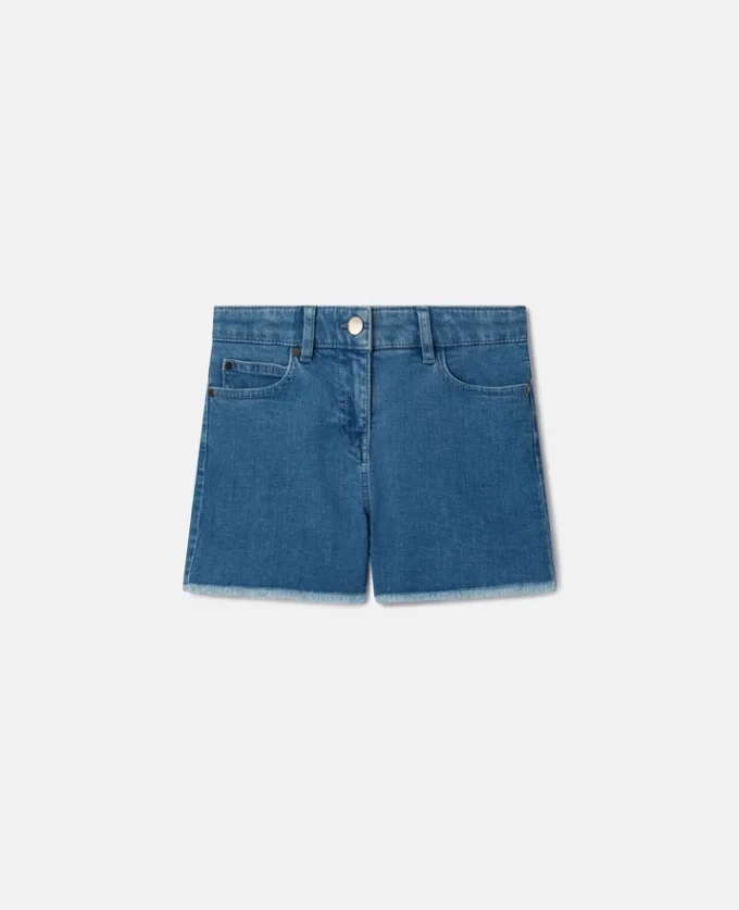 Shorts in denim elasticizzato con toppa a forma di cuore con frange Shorts in denim elasticizzato con toppa a forma di cuore con frange