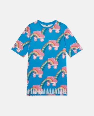 T-shirt con stampa arcobaleno e pattini a rotelle