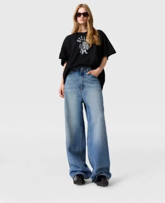Jeans in denim a vita alta con gamba larga sbiadita