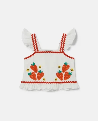 Top con maniche ad aletta ricamate con fragole