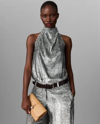 Top con scollo all’americana in velluto metallizzato